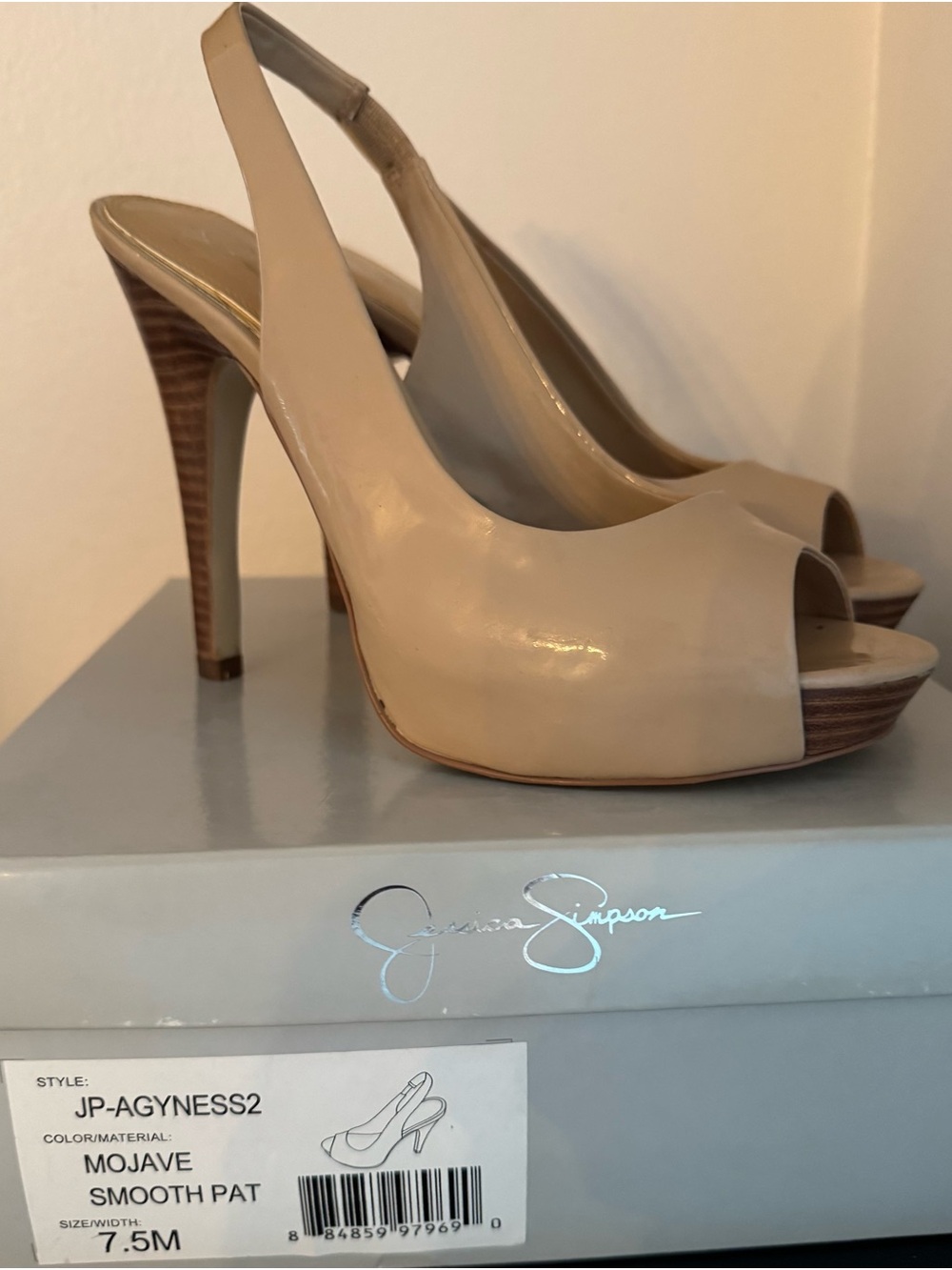 Jessica Simpson Nude Patent Peep-Toe Slingback Heels